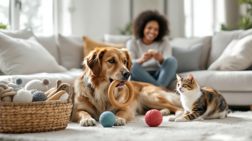 Happy pets playing with safe, well-matched toys